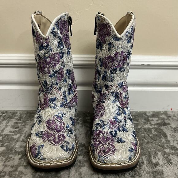 Old West Western Boots Girls Toddler Size 7.0-D Child Floral Sparkle Square Toe - Picture 3 of 12